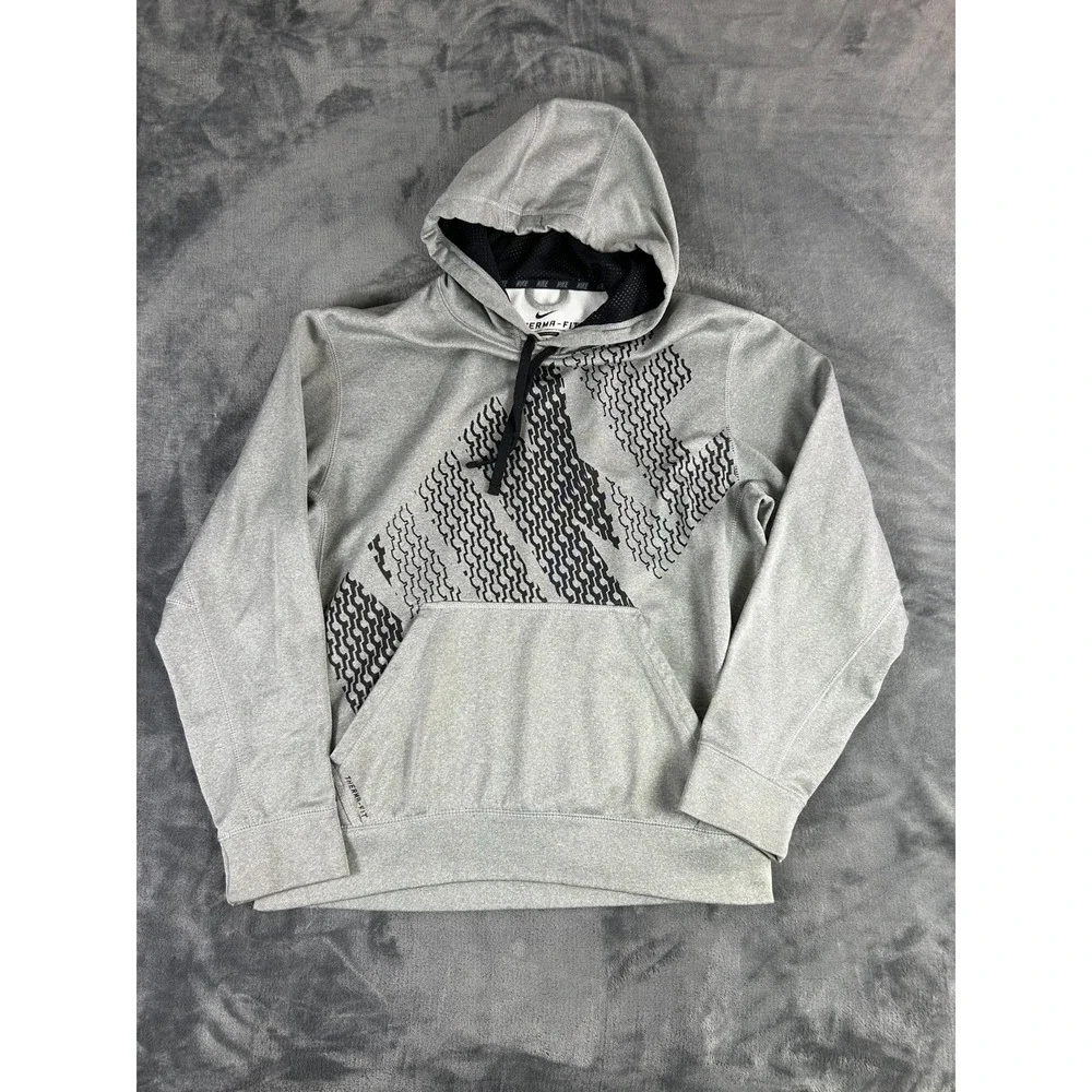 Nike Therma-Fit Pullover Hoodie‎ Gray Black Swoosh Graphic Men's Medium
